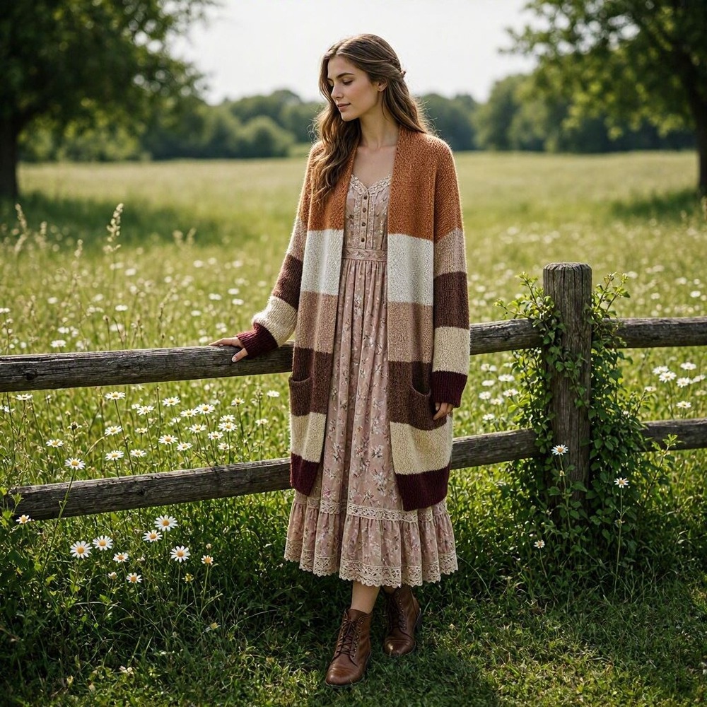 Cottagecore Boho Bohemian Cardigan Layering Active USA Large  Colorblock Striped